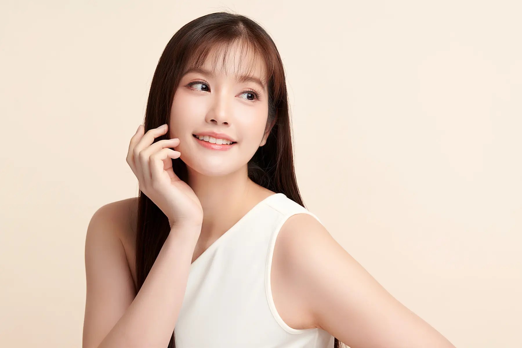 beautiful young woman with facelift resulting in clear fresh skin